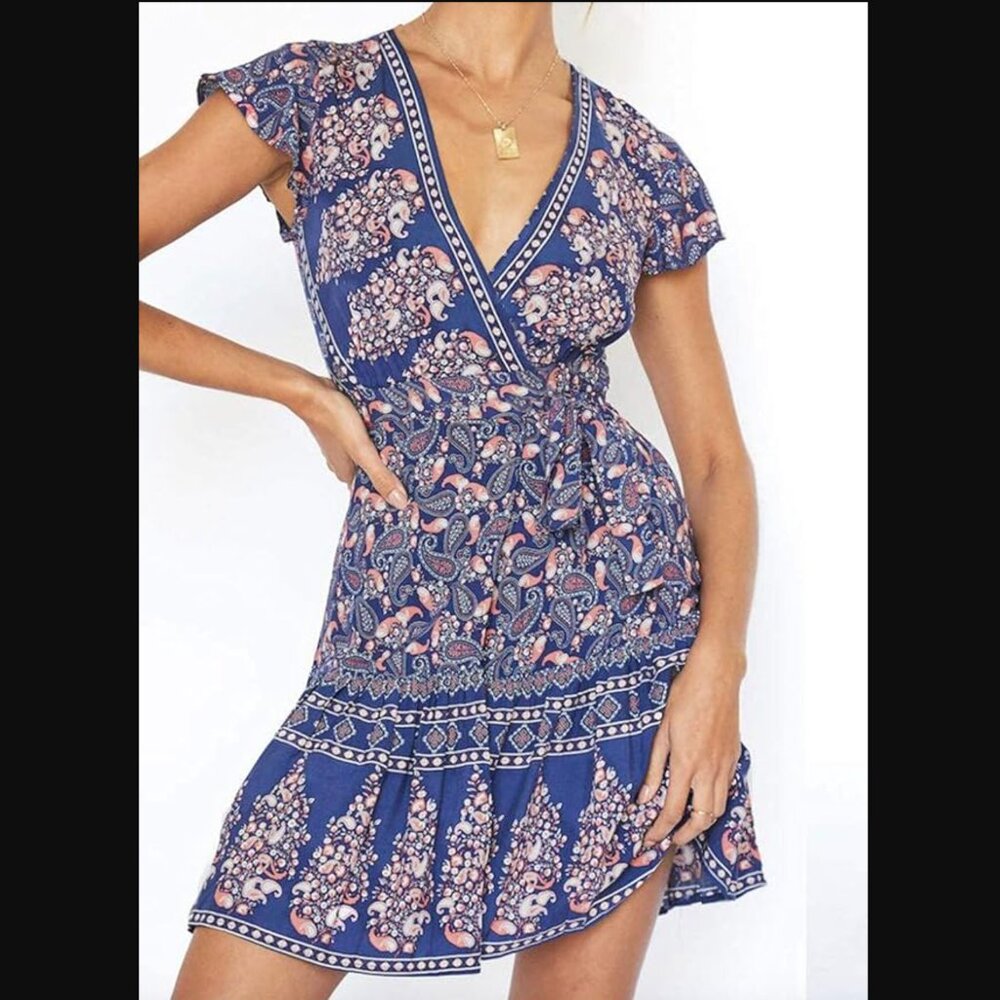 DEBBIE DABBIE | Wrap V Neck Bohemian Mixed Print Ruffle Swing Mini Dress Sz 8